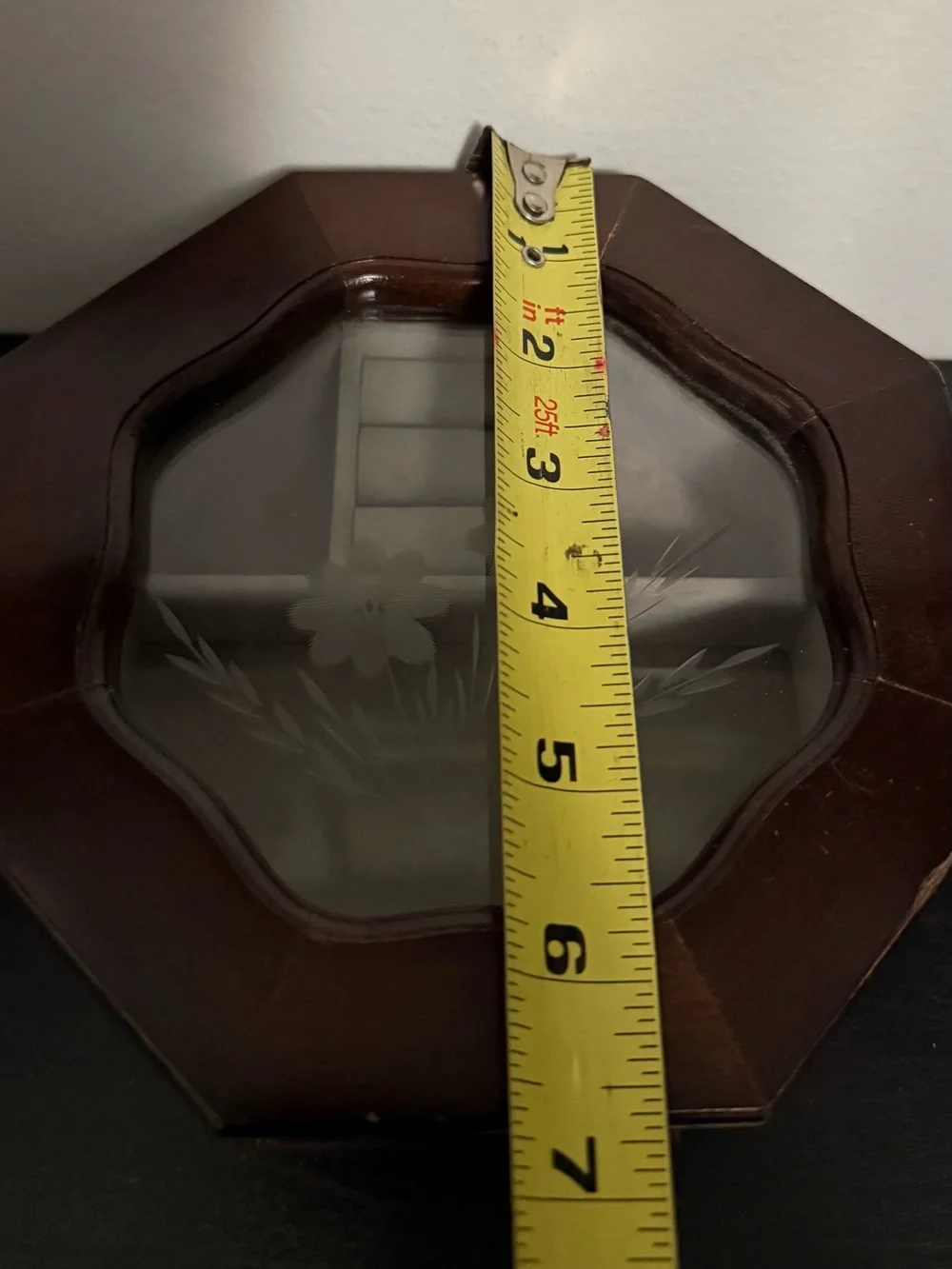 Vintage Wooden Jewelry Box Octagon Hinged Lid With Etched Flowers On Glass